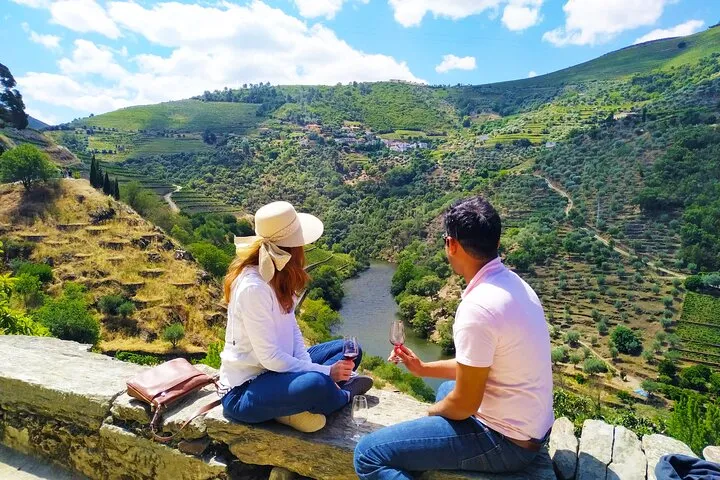 Private boat on the Douro River beside terraced vineyards on a small-group Douro Valley wine tour from Porto, Portugal