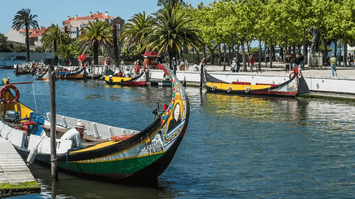 Colourful moliceiro boat on the Aveiro lagoon on a Coimbra and Aveiro day trip from Porto, Portugal