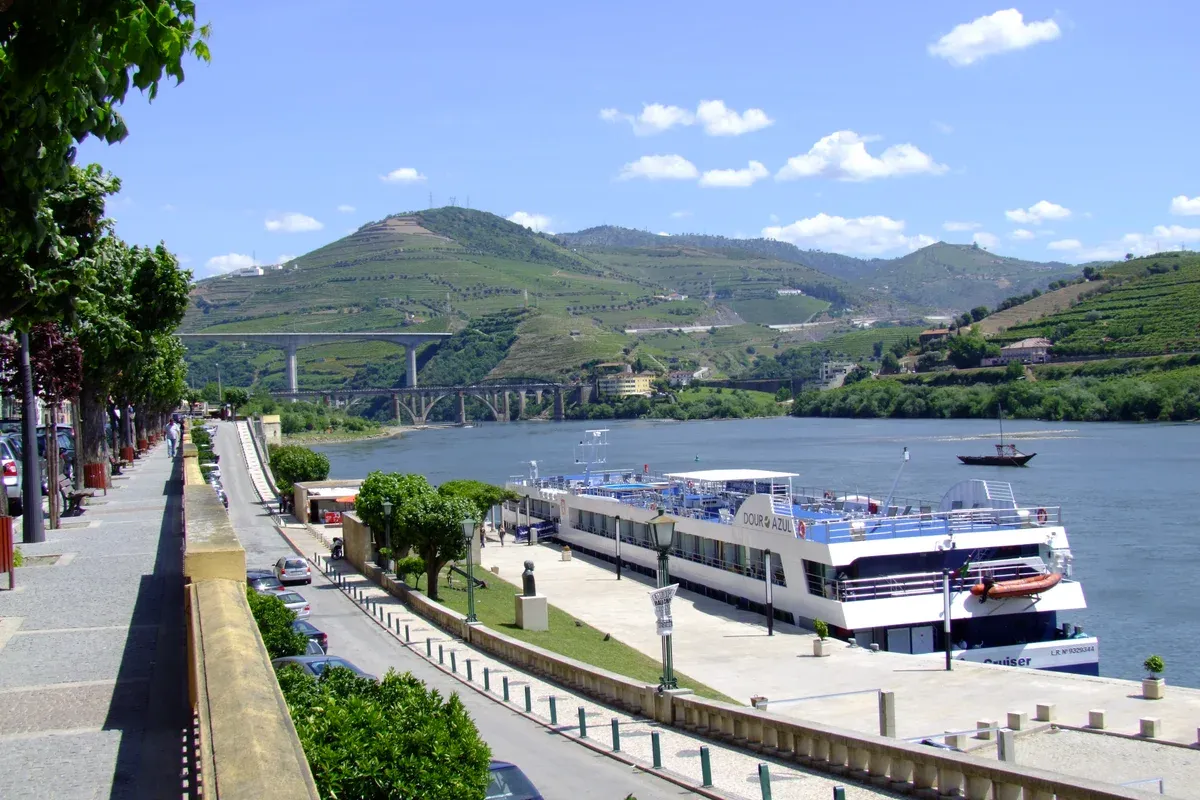 River cruise boats moored at Peso da Régua on the Douro, a day trip from Porto by train