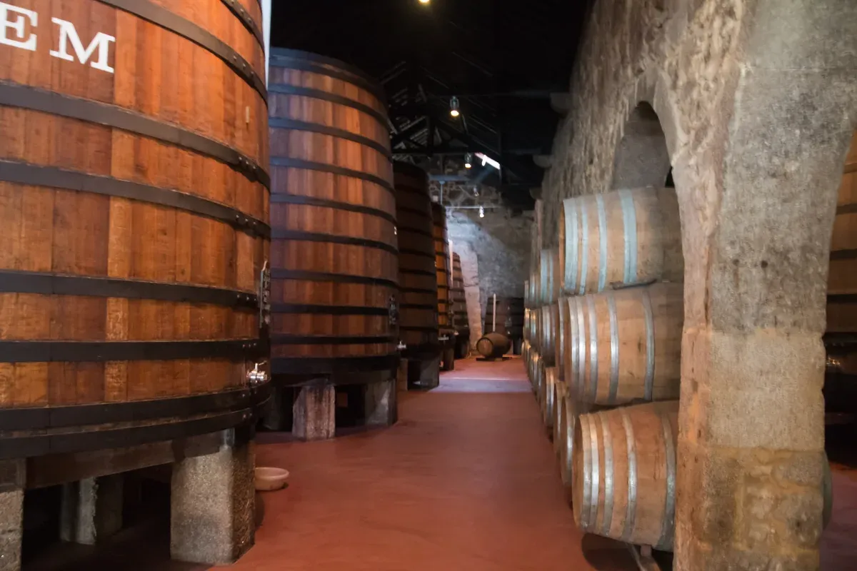 Large oak port casks inside the Calém cellar in Vila Nova de Gaia, a port cellar visit from Porto
